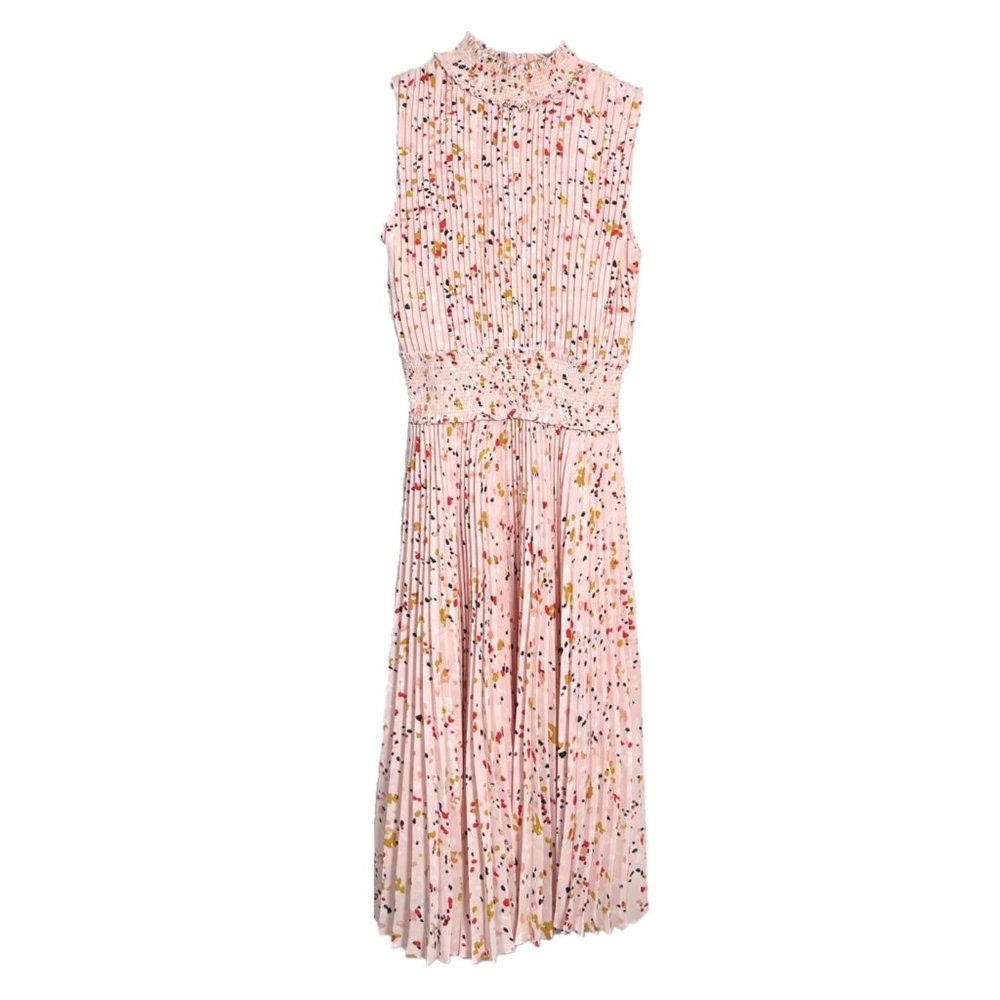 Nanette Lepore Pleated Speckled Confetti Smocked Waist Neckline Midi Dress Sz 4